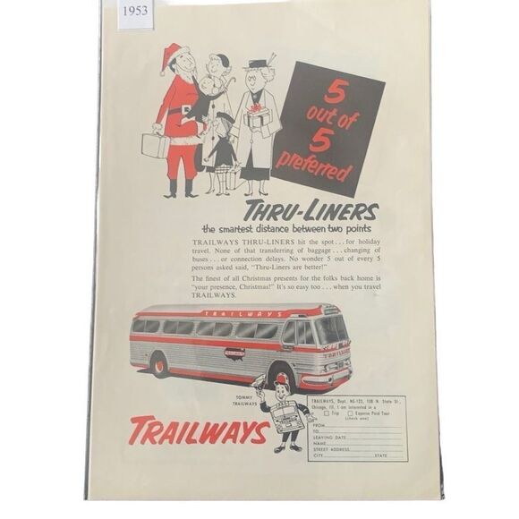 Vintage 1953 Trailways 5 out of 5 Preferred Thru Liners Ad Advertisement - Picture 1 of 4